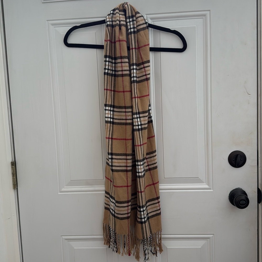 Vintage Camel House Check Plaid Cashmere Feel Fringed Scarf OS
